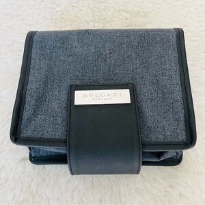 Bvlgari Parfume Black Leather Gray Canvas Bifold Cosmetic Novelty Pouch Case